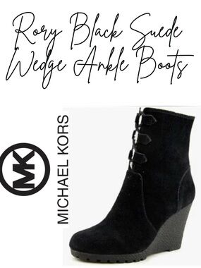 Michael Kors Rory Wedge Ankle Boots Black Suede Fur Lined - Size 8